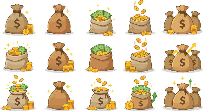 Money bag and golden coins vector cartoon illustration set featuring burlap sacks filled with dollar bills stacks cash growth arrows isolated on white background