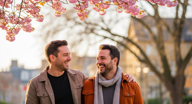 Two laughing men with arm around shoulder, framed by pink blossom branches, symbolizing joy, connection, and spring season.