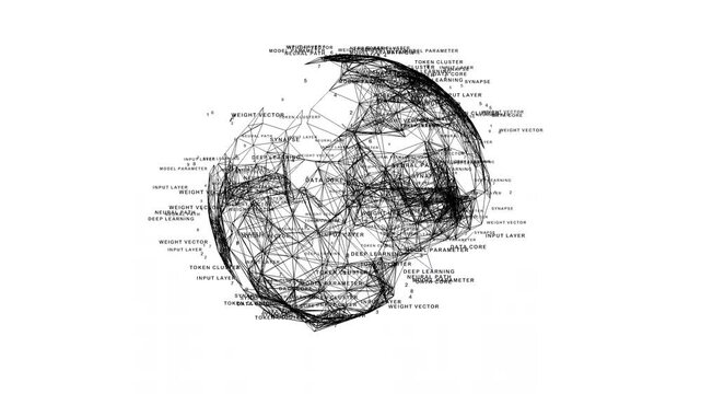 Rotating abstract data sphere mapping deep learning clusters, weight vectors, and neural path text. Ideal for machine learning concepts, artificial intelligence architecture, and tech.