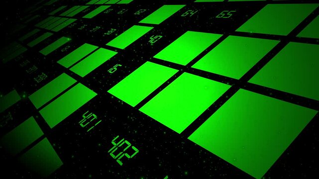 Perspective view of an abstract green data matrix grid showing cycling numbers and flashing nodes. Ideal for financial technology dashboards, coding concepts, and cybersecurity.