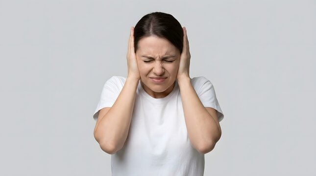 Loud noise. Woman in white t-shirt grimacing with hands on ears, ideal for noise awareness, health, or commercial use.