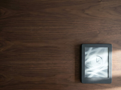 Modern e-reader tablet with a grayscale electronic ink screen resting on a textured dark brown wooden desk table