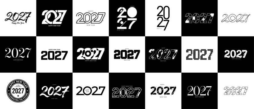 Big Set of 2027 Happy New Year typography design. Collection of modern, abstract, monogram, geometric and creative number logo concepts for branding. Vector illustration isolated on white background