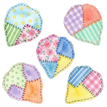 A charming collection of five watercolor-style patchwork hearts, each adorned with a variety of floral, polka dot, and gingham patterns, stitched together with visible thread accents.