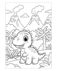 Charming cartoon dinosaur with tropical plants and erupting volcanoes in a black and white coloring page illustration © MDABDUL