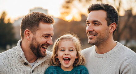Fototapeta premium Close-up of a happy family, two adult men and a young girl, laughing together outdoors at sunset, symbolizing love and togetherness