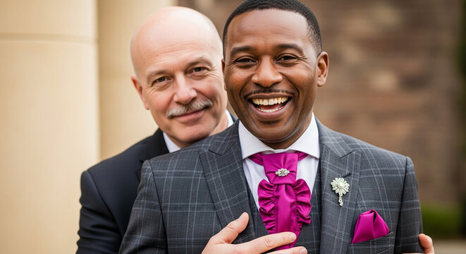 Two men in suits, one with a pink cravat and boutonniere, the other with a mustache. A celebration of partnership and joy