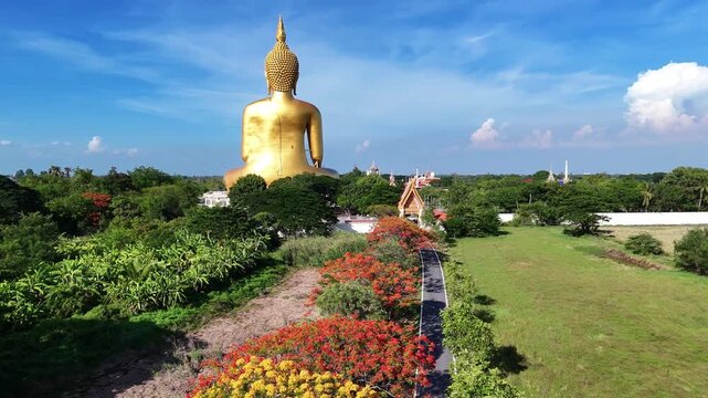 Spectacular wide drone shot of the Great Buddha of Thailand in Ang Thong. Features the country's biggest golden statue overlooking expansive temple grounds, green rice fields, and rural landscapes.