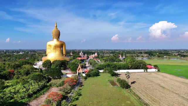 Spectacular wide drone shot of the Great Buddha of Thailand in Ang Thong. Features the country's biggest golden statue overlooking expansive temple grounds, green rice fields, and rural landscapes.