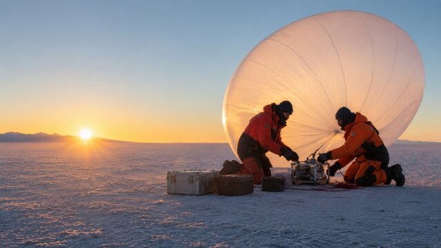 Scientists conduct research with high-altitude balloon at dawn in a remote location with snow and ice