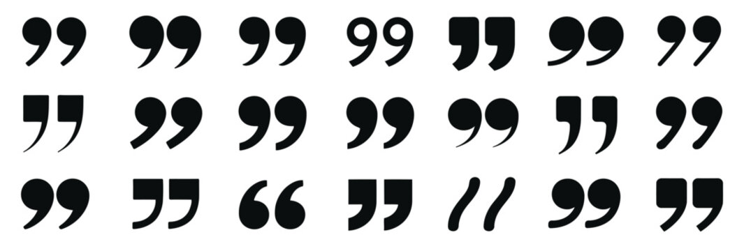 Quote mark and speech icon set representing comments, reviews, feedback, communication and social media discussion symbols.