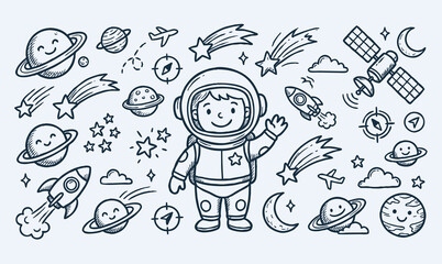 Vector line art doodle of an astronaut in outer space with planets and rockets. © Avartde
