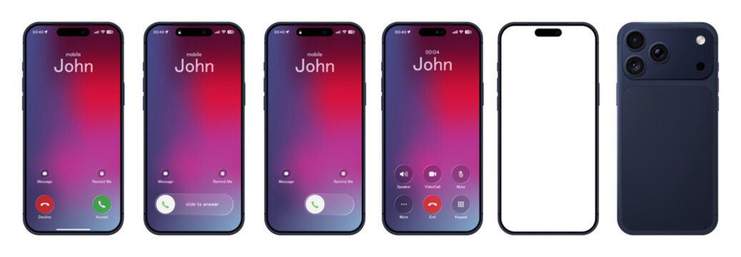 Photorealistic modern blue phone with basic call IU mockup isolated transparent background. Glassmorphism style template design. Vector png