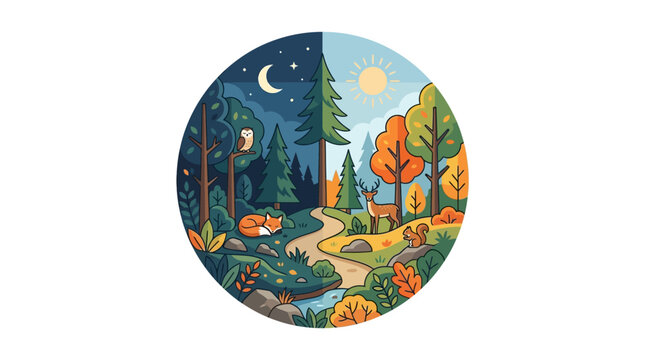 A circular illustration depicting a forest landscape transitioning from night to day.