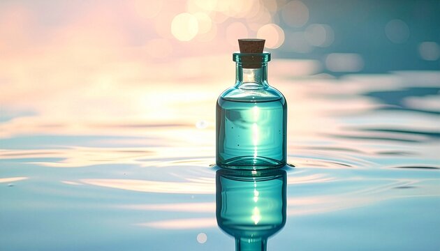 アロマセラピーやオーガニックサロンのWEBサイトに深い癒やしの世界観をもたらす、凪いだ水面にリフレクションするコルク栓のガラス瓶