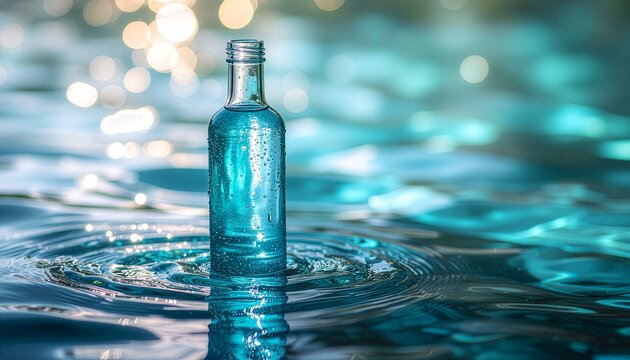 ミネラルウォーターや夏限定スキンケアのブランド世界観を美しく引き立てる、清涼感に満ちたブルーの水面とガラスボトルのシチュエーションフォト