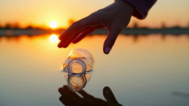 Hand reaching for a plastic bottle in calm water at sunset. Highlighting the importance of environmental awareness and pollution reduction