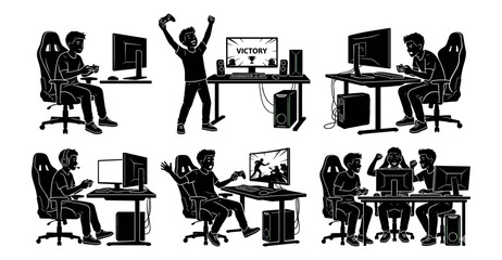 Fototapeta premium Gamer Silhouette Set – Computer Gaming Poses Victory Celebration Desk Work Black Vector Illustration
