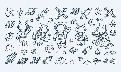 Vector line art doodle of an astronaut in outer space with planets and rockets. © Avartde