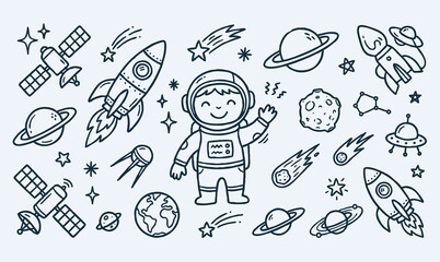 Vector line art doodle of an astronaut in outer space with planets and rockets. © Avartde