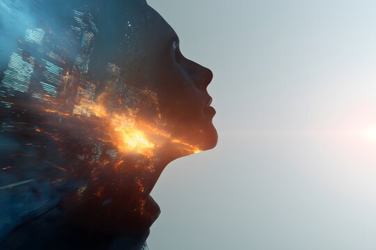 An abstract profile of a female face combined with a modern smart city cityscape and lighting flares.