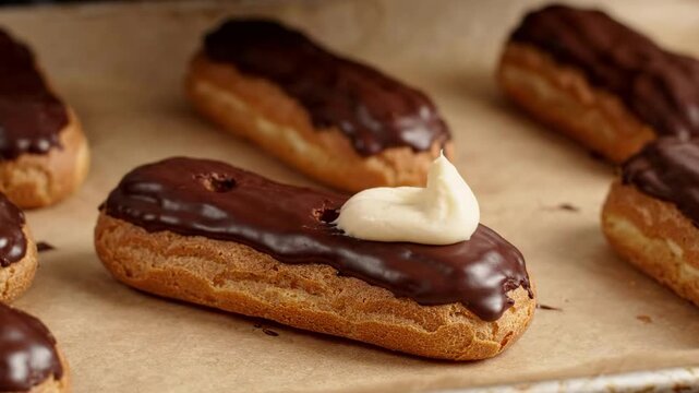 Piping cream into chocolate eclairs on baking paper