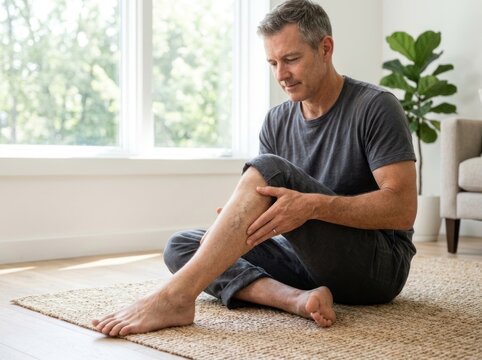 A middle-aged Caucasian man with fair skin examines varicose veins on his leg while sitting on a rug in a bright room.