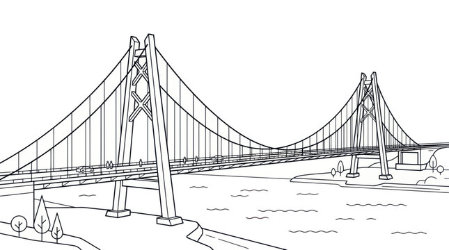Suspension bridge spanning across a river with pylons and cars