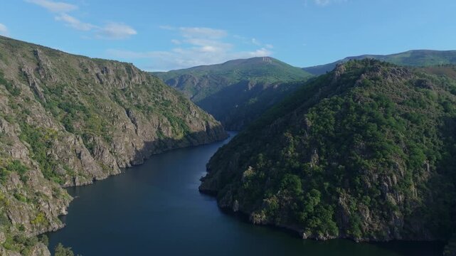Breathtaking View Of Canyon del Sil From Santo Estevo In Galicia, Spain. Aerial Pullback Shot