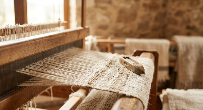 Close-up of traditional wooden loom with natural fiber cloth and weaving shuttle in a rustic workshop