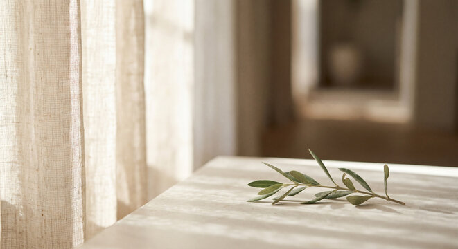 Minimalist aesthetic mockup background with olive branch on textured table, sheer linen curtain, and sunlight shadow