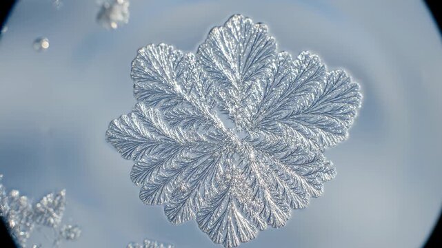 Abstract microscopic snowflake patterns forming intricate fractal designs on a blurred blue background, delicate winter ice crystals