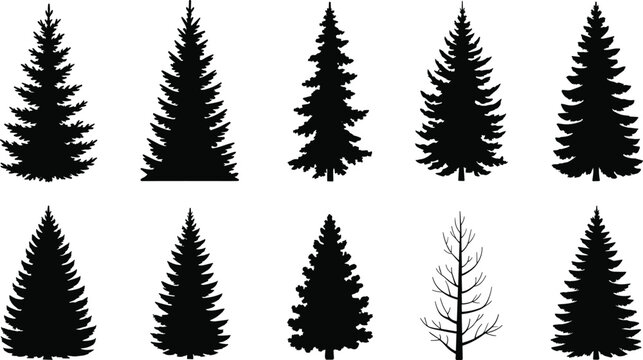 Tree Silhouette Vector Icons Featuring Coniferous and Leafless Branch Designs