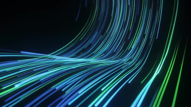 Abstract Motion Graphics of Glowing Light Streams on Dark Background