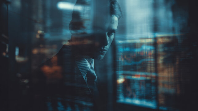 Businesswoman Glass Reflection Financial Data Screens Cinematic Blue Moody Tech Portrait