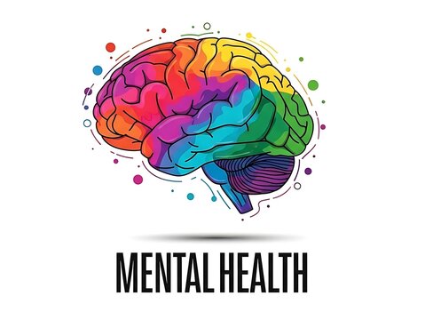 Mental health awareness poster with a stylized colorful human brain