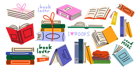 Set of open books, stacks, shelves for hobbies and personal time. Set for bookworms and readers with quotes in cartoon cozy style. Educational theme vector illustration © luamor