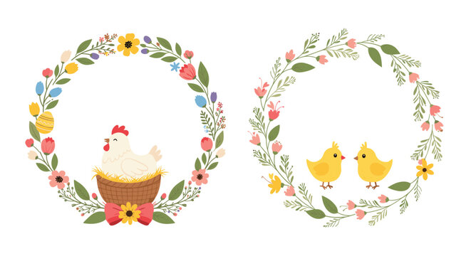 Delicate floral Easter wreaths featuring a mother hen sitting in a nest and two cute yellow chicks surrounded by spring flowers and green leaves.