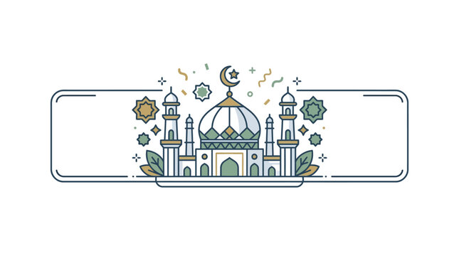 A decorative illustration of a mosque with a crescent moon and floral elements inside a rectangular frame.