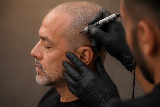 Specialist performing scalp micropigmentation on mature bald man side profile view