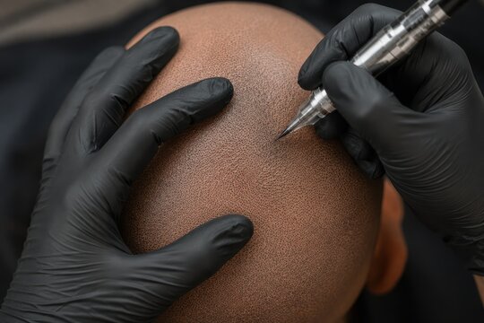 Scalp micropigmentation treatment on bald head crown area close up with gloved hands