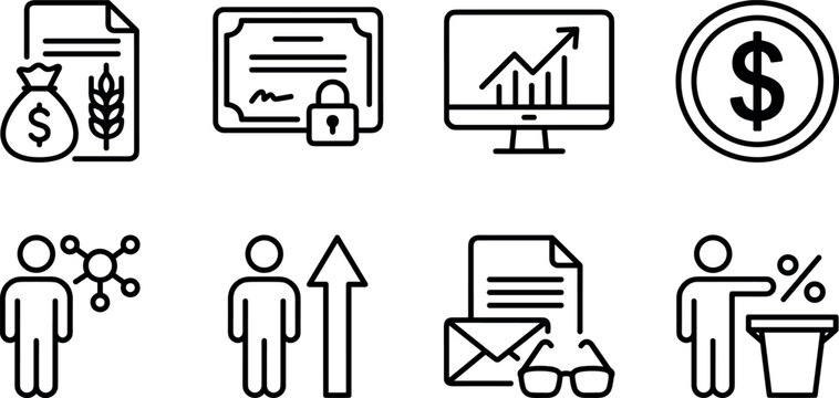 Collection of minimalist line art icons representing business, finance, teamwork, and success concepts in flat design.