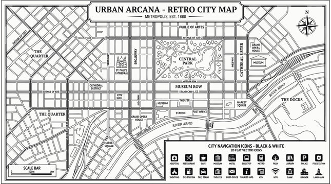 Retro vintage urban city map with street grid and navigation icons