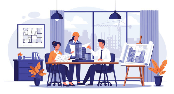 Team of architects and engineers discussing a building model and blueprints in a stylish office with large windows overlooking a construction site.