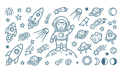 Vector line art doodle of an astronaut in outer space with planets and rockets. © Avartde