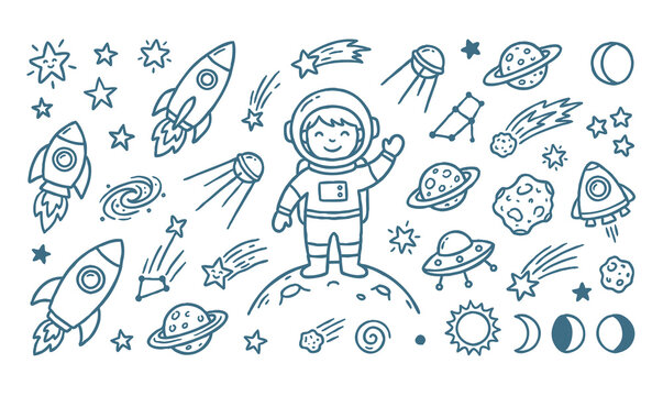 Vector line art doodle of an astronaut in outer space with planets and rockets.