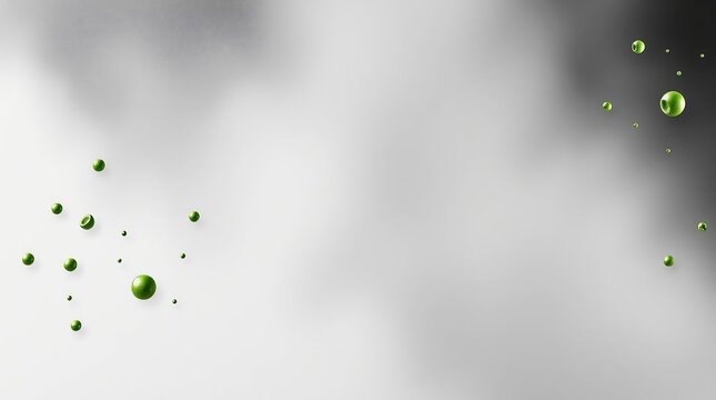 A minimalist abstract background featuring small, textured green spherical objects floating against a soft, ethereal grey and white smoke backdrop, creating a sense of depth and modern elegance.
