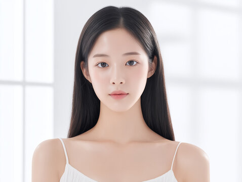 Asian Female model for cosmetic advertising. Beauty skin woman with bare shoulder on white background.