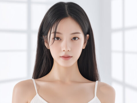 Asian Female model for cosmetic advertising. Beauty skin woman with bare shoulder on white background.