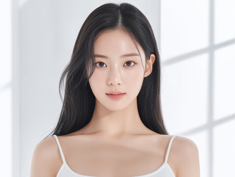 Asian Female model for cosmetic advertising. Beauty skin woman with bare shoulder on white background.
